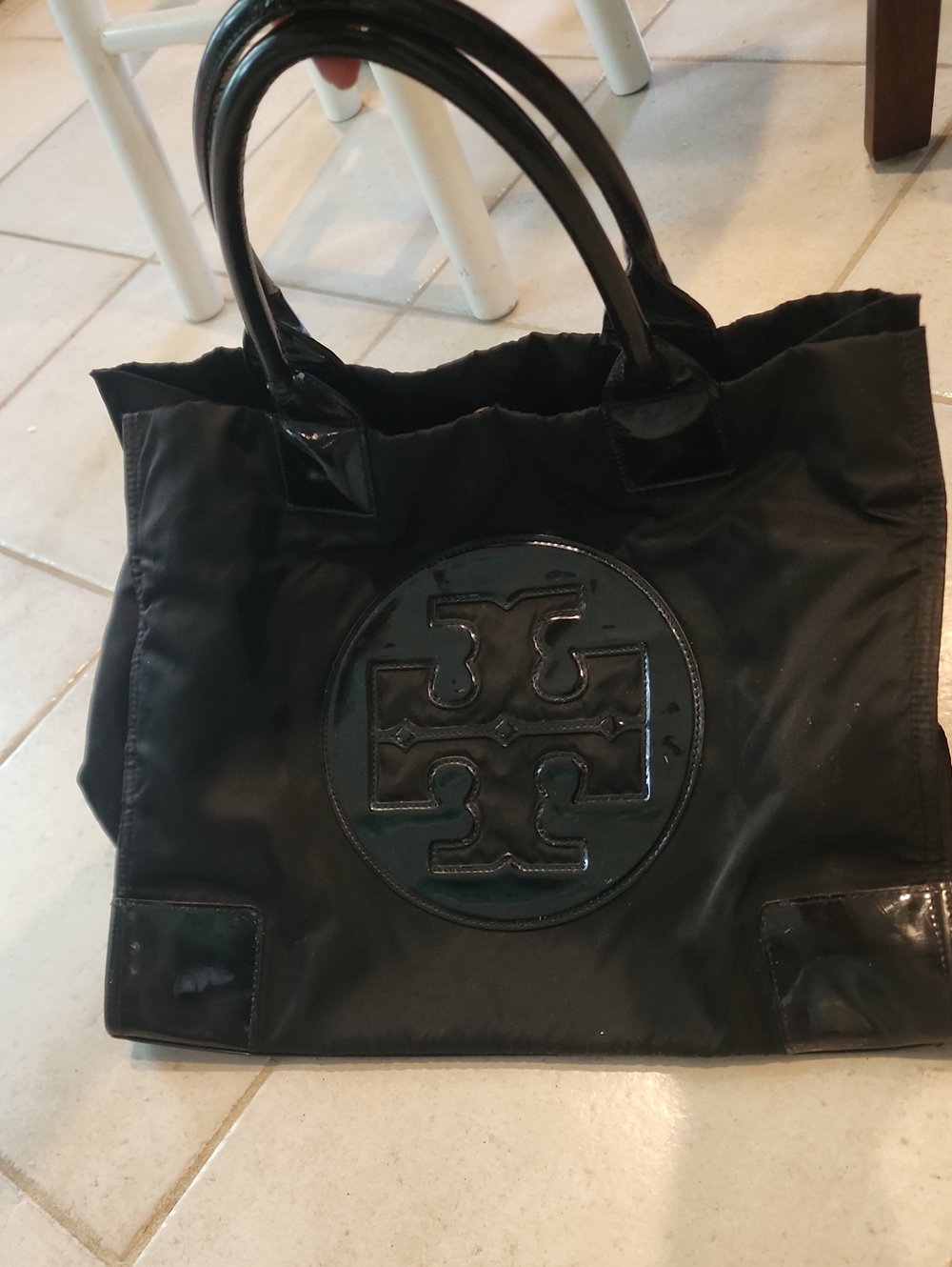 Tory Burch Black Patent-Trim Logo Tote